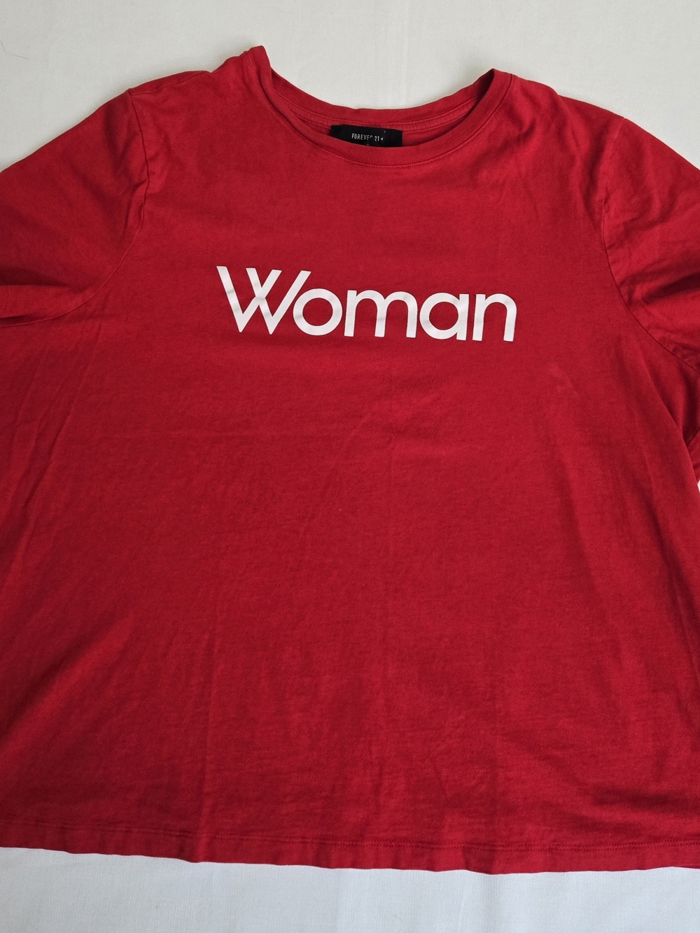 Forever 21 Bold 'Woman' Graphic Tee - Red with White Letters, Size 1X